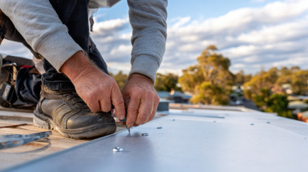 A skilled construction worker focuses on installing metal sheets on a roof, demonstrating craftsmanship and dedication in the renovation process with a stunning sunset backdrop.の素材