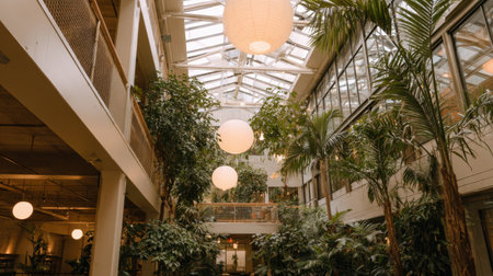 Bright and spacious indoor garden features a blend of modern architecture and lush greenery, creating a tranquil space filled with natural light and ambient charm.の素材