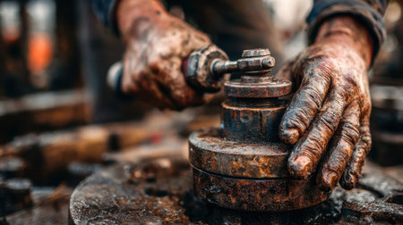 A skilled worker's hands, covered in oil and grime, demonstrate the hard work involved in operating heavy machinery, showcasing the dedication to craftsmanship in an industrial environment.の素材