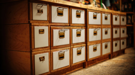 A beautifully crafted vintage wooden storage cabinet featuring multiple drawers with white fronts, ideal for organizing various items in any home or office space with a charming aesthetic.の素材