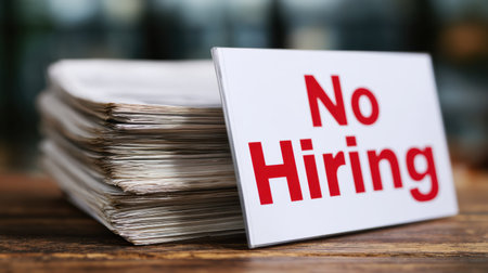 A visually striking image of a "No Hiring" sign placed prominently on a stack of job applications, capturing the essence of employment challenges faced by many job seekers today.の素材