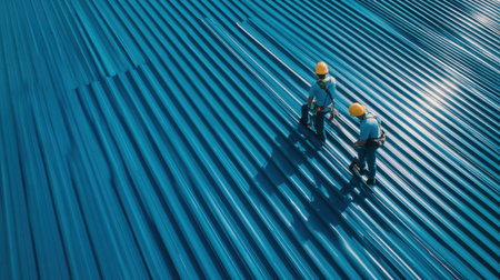 Two construction workers in hard hats are inspecting a bright blue metal roof surface, emphasizing safety and teamwork in modern construction efforts under the sun.の素材