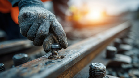Image captures a focused moment of a worker's hand adjusting a metal bolt on a train track, showcasing dedication in an industrial setting with a soft sunset backdrop.の素材