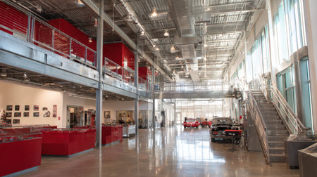 A spacious automotive showroom featuring a modern design with red decor, bright lighting, and sleek cars, creating an inviting atmosphere for visitors and customers.の素材