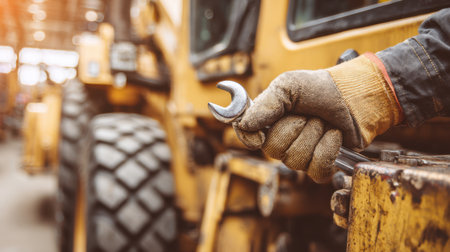 A detailed close-up of a worker's hand gripping a wrench, showcasing the tool's texture with a blurred heavy machinery backdrop, emphasizing labor in an industrial setting.の素材