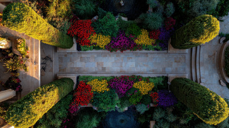 Discover a stunning aerial view of a flower garden brimming with vibrant colors, arranged neatly along a stone pathway, providing a tranquil and serene outdoor experience.の素材