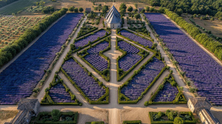 Stunning aerial view showcases beautifully arranged lavender fields, perfect for evoking a sense of peace and connection to nature in a vibrant, colorful landscape.の素材