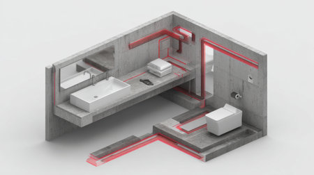 Explore a modern bathroom design with a clear plumbing layout, featuring minimalist fixtures in a concrete environment. Ideal for renovation inspiration and design analysis.の素材