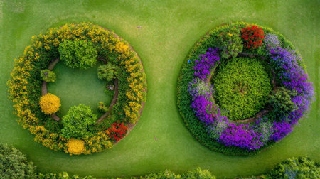 Stunning aerial perspective of two circular flower gardens, showcasing a rich palette of colors amidst lush green grass, embodying the beauty of nature and landscape artistry.の素材