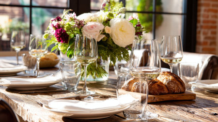 A beautifully arranged dining table featuring fresh flowers and artisan bread, perfect for showcasing inviting settings, culinary projects, or special occasions in natural light.の素材