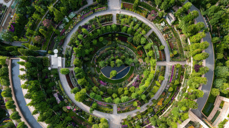 Explore this stunning aerial view of a circular garden, showcasing vibrant flowers and lush greenery around a tranquil water feature, perfect for relaxation and inspiration.の素材