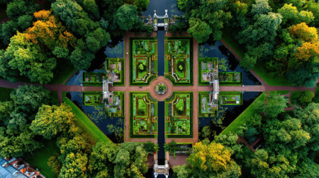 Stunning aerial capture of a beautifully designed historical garden featuring intricate layouts, tranquil water features, and vibrant greenery, perfect for tranquility and relaxation.の素材