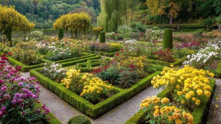 A stunning view of a floral garden bursting with colors, featuring neat rows of flowers and trimmed hedges, creating a peaceful outdoor space that celebrates nature's beauty.の素材