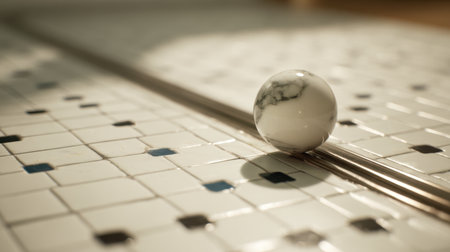 A marble sphere elegantly rolls on a tiled floor, showcasing geometric patterns under soft illumination. This minimalist scene captures movement and texture, ideal for design inspiration.の素材