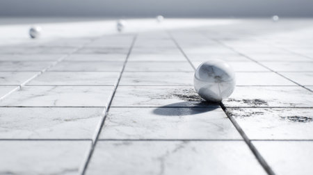 Elegant marble flooring with unique spheres rolling gently across, creating a serene minimalist scene. Perfect for contemporary design and artistic representations of beauty.の素材
