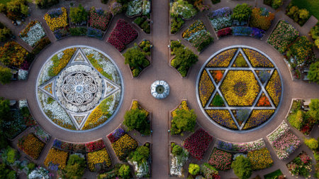 Stunning aerial view showcasing intricate floral arrangements in a garden, revealing vibrant colors and dynamic patterns set against lush greenery and tranquil pathways.の素材