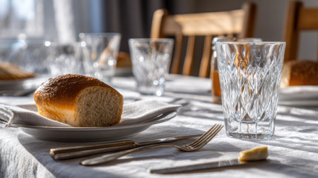 A beautifully arranged dining table featuring freshly baked bread alongside elegant glassware, inviting a warm and cozy atmosphere ideal for meals and gatherings.の素材