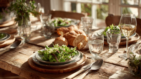 A beautifully arranged rustic dining table showcasing a fresh salad, artisanal bread, and drinks, perfect for family gatherings or casual dining experiences.の素材