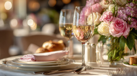 A beautifully arranged table featuring elegant wine glasses and a stunning floral centerpiece, creating a perfect atmosphere for a romantic dinner or special celebration.の素材