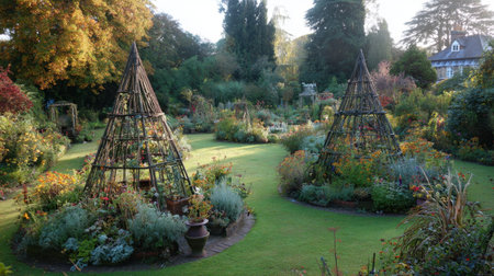 A peaceful garden setting showcasing unique plant structures amid vibrant flowers and lush greenery, perfect for promoting tranquility and nature appreciation.の素材