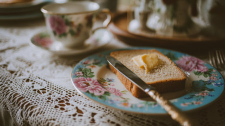 A serene scene featuring a buttered slice of bread on a floral plate beside an ornate teacup, set against a delicate crochet tablecloth, capturing a cozy and inviting atmosphere.の素材