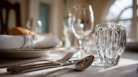 This image showcases an elegant table setting with crystal glassware and polished silverware, creating a warm atmosphere perfect for dining and hospitality themes.の素材