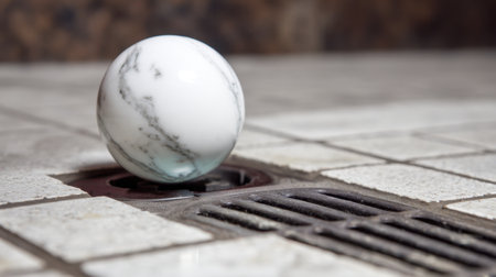 This image features a marble ball positioned near a drain on a tiled floor, highlighting the beauty of its design and texture in a clean, minimalist setting.の素材