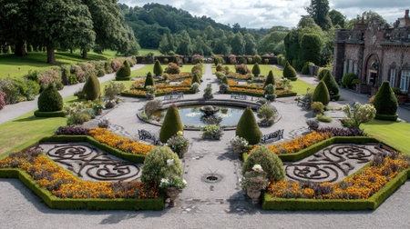 A stunning formal garden featuring vibrant flowers, symmetrical designs, and a serene fountain, set against a backdrop of lush greenery, perfect for relaxation and inspiration.の素材