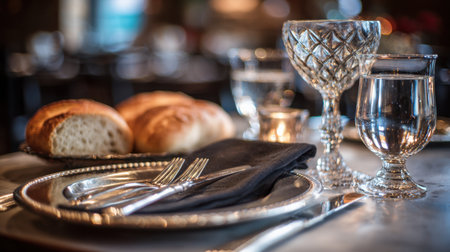 A stunning table setting featuring fresh bread, crystal glassware, and silver cutlery, perfect for creating an elegant dining atmosphere for any upscale occasion.の素材