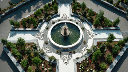 Discover a stunning aerial view of an ornamental fountain nestled amidst a beautifully landscaped garden, offering a tranquil escape in an urban environment.の素材