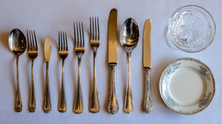 A carefully arranged table setting featuring silver cutlery, fine china plates, and a glass, perfect for formal dining experiences and elegant events.の素材