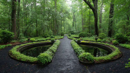 Explore a tranquil garden pathway flanked by lush greenery and reflective water pools, creating a serene atmosphere for relaxation and contemplation in a vibrant forest scene.の素材