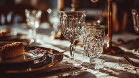 Discover an elegant dining table setup featuring beautiful glassware and ornate cutlery, perfect for hosting a delightful dinner party or holiday gathering.の素材