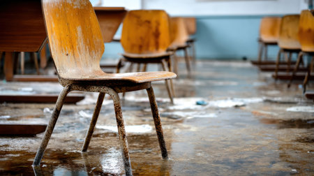 An abandoned classroom featuring empty wooden chairs and a wet floor, showcasing the decay and neglect of educational spaces. A haunting reminder of forgotten memories.の素材
