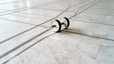 A close glimpse of a two-wheeled object resting on a marble floor, showcasing beautiful textures and linear patterns in a minimalistic indoor setting.の素材
