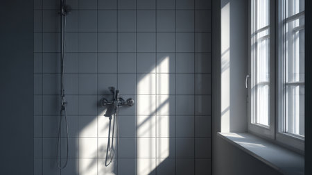 Discover a serene and modern bathroom featuring a stylish shower fixture, white tiles, and soft natural light that creates a refreshing and tranquil atmosphere.の素材