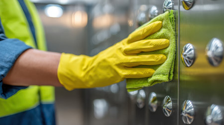 A person wearing yellow gloves is using a green cloth to clean a shiny metal surface, emphasizing the importance of hygiene and effective maintenance practices in a modern setting.の素材