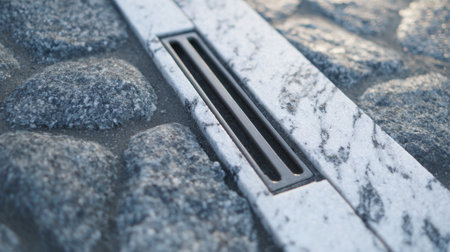 This image showcases a detailed view of a drainage system seamlessly integrated into stone pavement, emphasizing urban design elements and textural contrasts in outdoor spaces.の素材