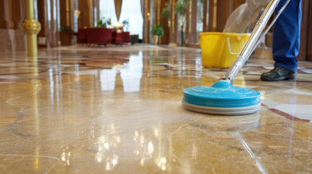 A worker uses advanced equipment to clean polished marble floors in a luxurious hotel lobby, highlighting the importance of cleanliness and maintenance in hospitality spaces.の素材