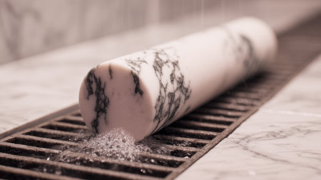 A luxurious marble rolling pin on a stylish kitchen surface, surrounded by flowing water, symbolizes elegance and sophistication in culinary tools and modern home design.の素材