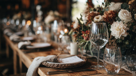 A beautifully arranged dining table featuring elegant glassware and lush floral decor, ideal for intimate gatherings and memorable celebrations.の素材