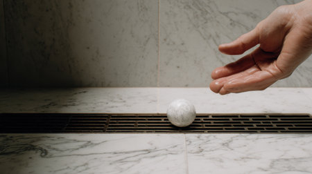 A serene moment capturing a hand reaching toward a smooth marble sphere resting near a drain, showcasing minimalist beauty in a bathroom setting with elegant lighting.の素材