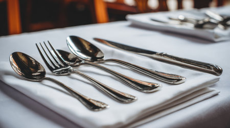 A meticulously arranged dining table featuring polished silver cutlery placed on a crisp white linen tablecloth, creating an elegant and sophisticated atmosphere in a restaurant setting.の素材