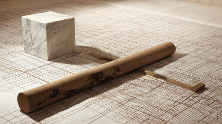 This image showcases a modern artistic arrangement featuring wood and marble elements placed on a textured grid surface, emphasizing simplicity and natural beauty.の素材