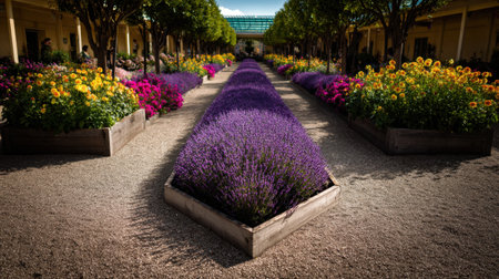 Experience the serene beauty of a vibrant flower garden featuring rows of lush lavender and colorful blooms, perfect for relaxation and enjoyment of nature's creations.の素材