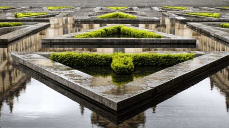 A captivating view of a meticulously designed garden featuring striking geometric patterns in water, adorned with lush greenery that enhances the serene atmosphere.の素材