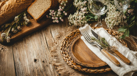 This image showcases a rustic table setting with wooden plates, cutlery, fresh flowers, and bread, creating an inviting atmosphere for meals and gatherings.の素材