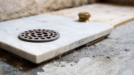 This image captures a close-up view of a vent cover integrated into a marble and concrete surface, highlighting intricate designs and material contrasts, ideal for renovation projects.の素材