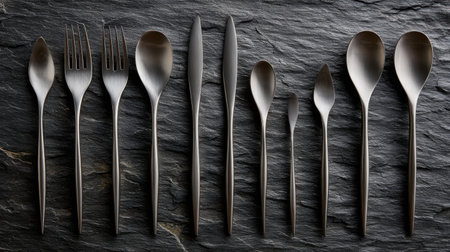This image showcases an elegant collection of matte black tableware, including forks, knives, and spoons, artfully arranged on a textured slate surface, perfect for modern dining aesthetics.の素材