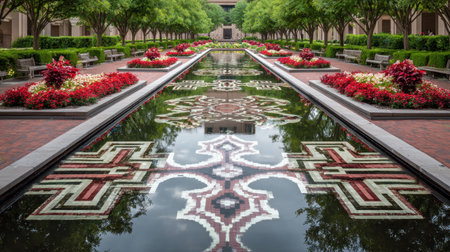 A breathtaking view of a serene garden pathway bordered by vibrant flowers, with stunning reflections in the calm water, creating a peaceful ambiance in a park setting.の素材